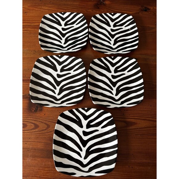 Set Of 5 - 222 Fifth Zebra Print 8.25” Square Salad/Dessert Plate Fine China